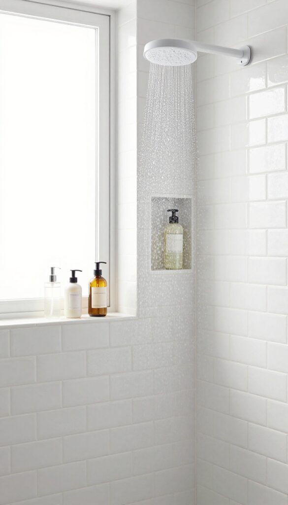 A built-in shower niche in a modern stand-up shower with white tiles and natural light, showcasing organized storage without clutter