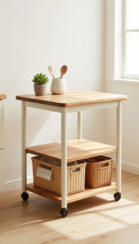 Slim rolling cart with butcher-block top and lower shelf baskets, placed next to kitchen counter in bright small kitchen.