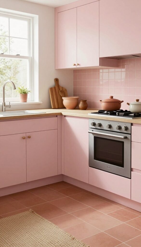 Blush pink kitchen cabinets with terracotta accents and natural textures