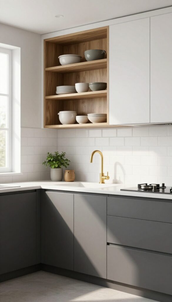 Modern kitchen with charcoal gray lower cabinets, white upper cabinets, white subway tile backsplash, natural wood open shelving, and brass hardware in bright natural light.