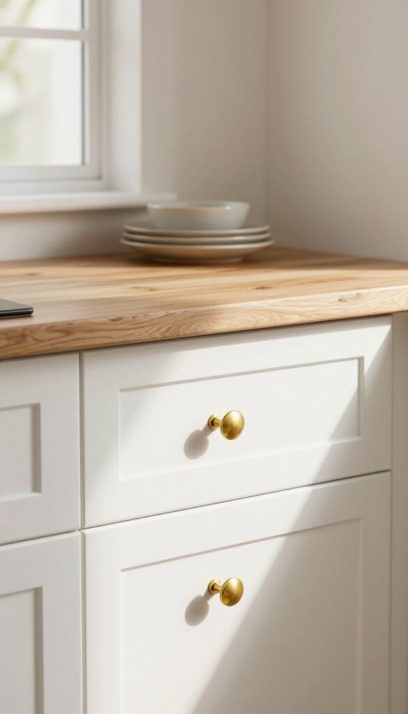 Kitchen cabinet with warm brass and bronze hardware on white shaker cabinets, natural light, wood countertop