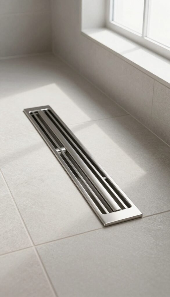 Modern bathroom shower floor with a sleek linear heated drying drain in brushed stainless steel set in large light gray stone tiles, bright natural light, no water pooling.