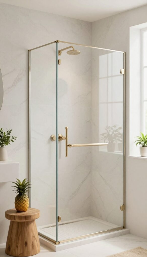 A minimalist walk-in shower with seamless natural stone slabs, creating a luxurious and clutter-free bathroom space.