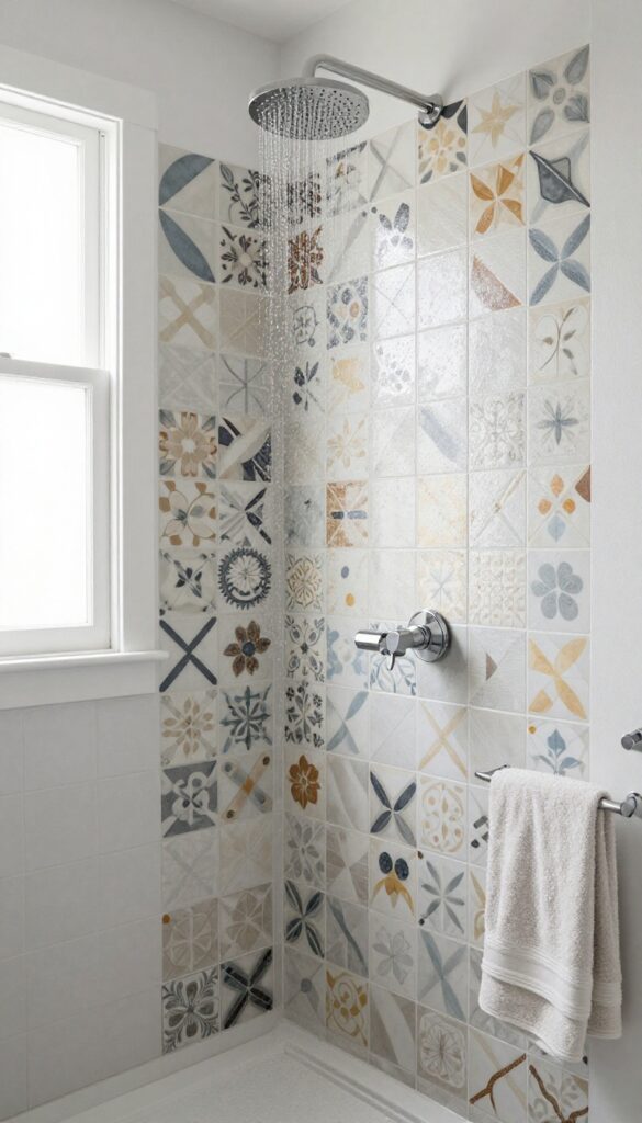 A bathroom with a pony wall shower showcasing patterned cement tiles in vibrant colors and bold designs, set against white walls with clean fixtures and natural lighting.