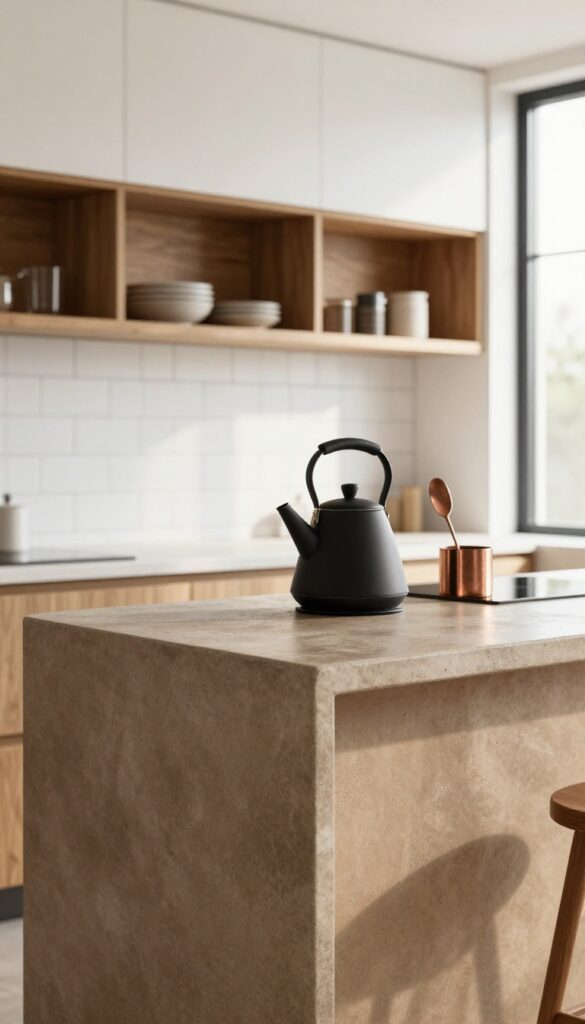 Concrete countertop with soft rounded edge and warm taupe color in a bright modern kitchen