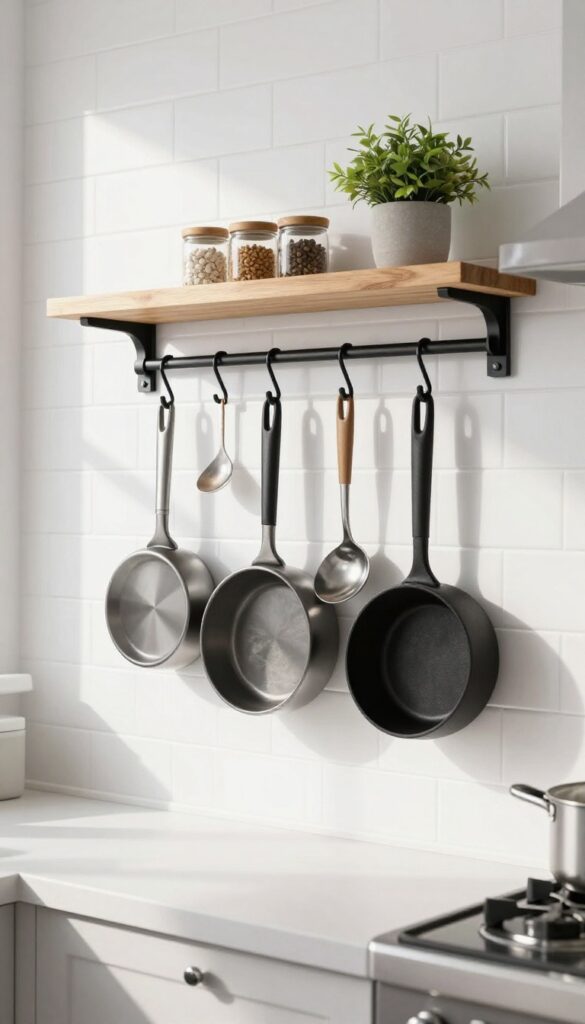 Modern kitchen with black pegboard holding pots and pans near stove