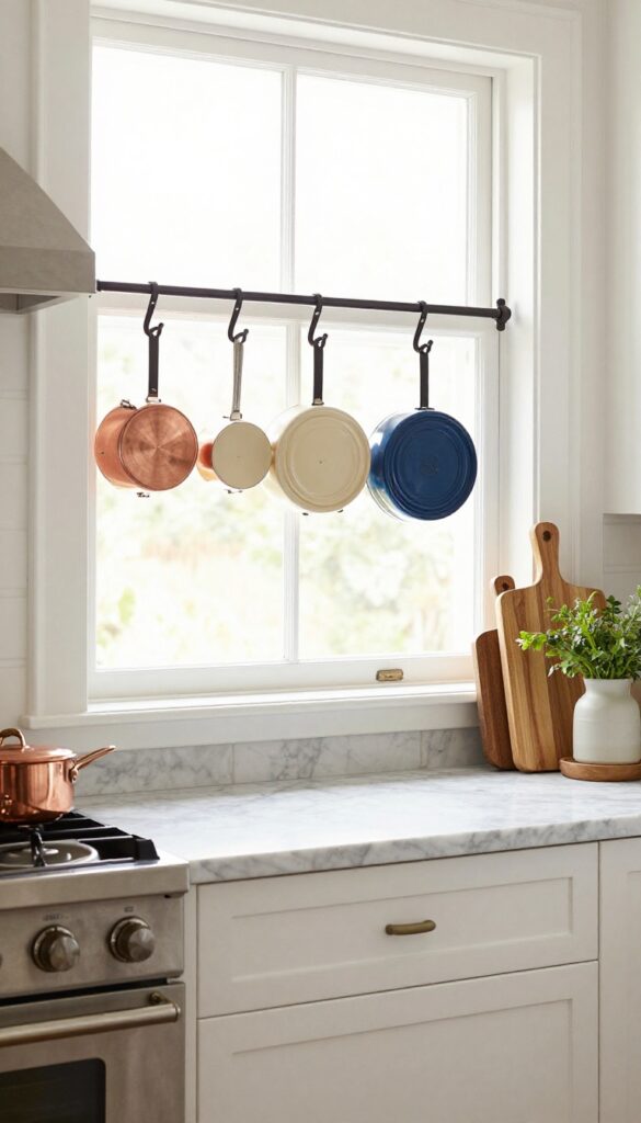 Cozy vintage kitchen with open wall-mounted pot rack displaying copper pots and enameled cookware above stove