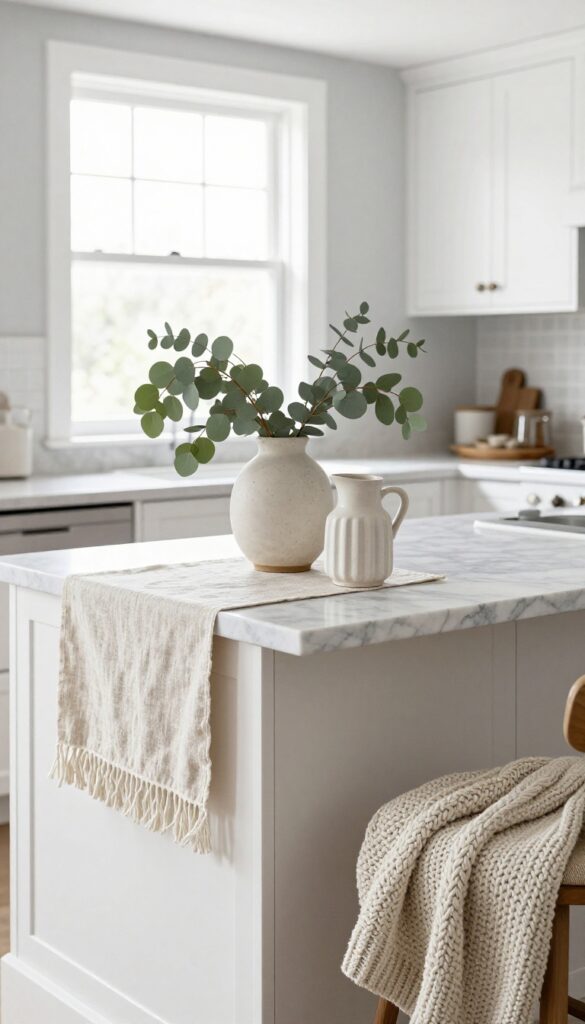 Monochrome kitchen with white and light gray tones, natural light, and textured decor like linen, stoneware, and knit throw.