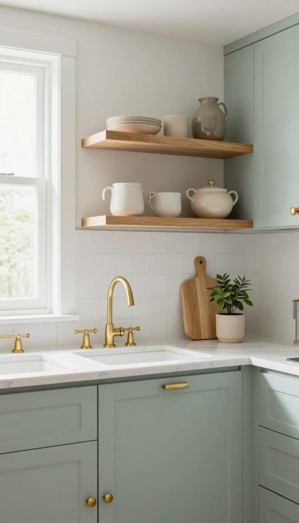 Blush pink kitchen cabinets with brass hardware and marble countertops in natural light.