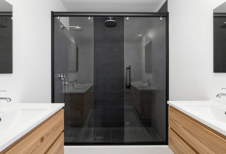 Modern bathroom with black subway tile shower, white fixtures, and wood accents, demonstrating a bold yet light decor style.