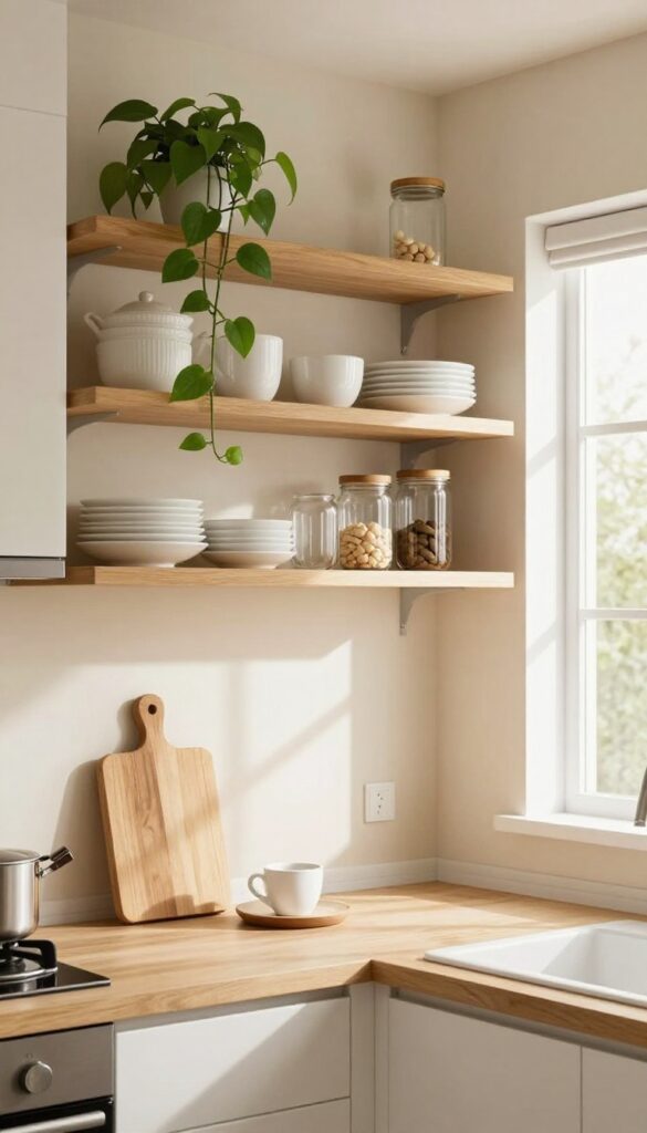 Beige kitchen with open wooden shelving displaying white dishes and glass jars, natural light.