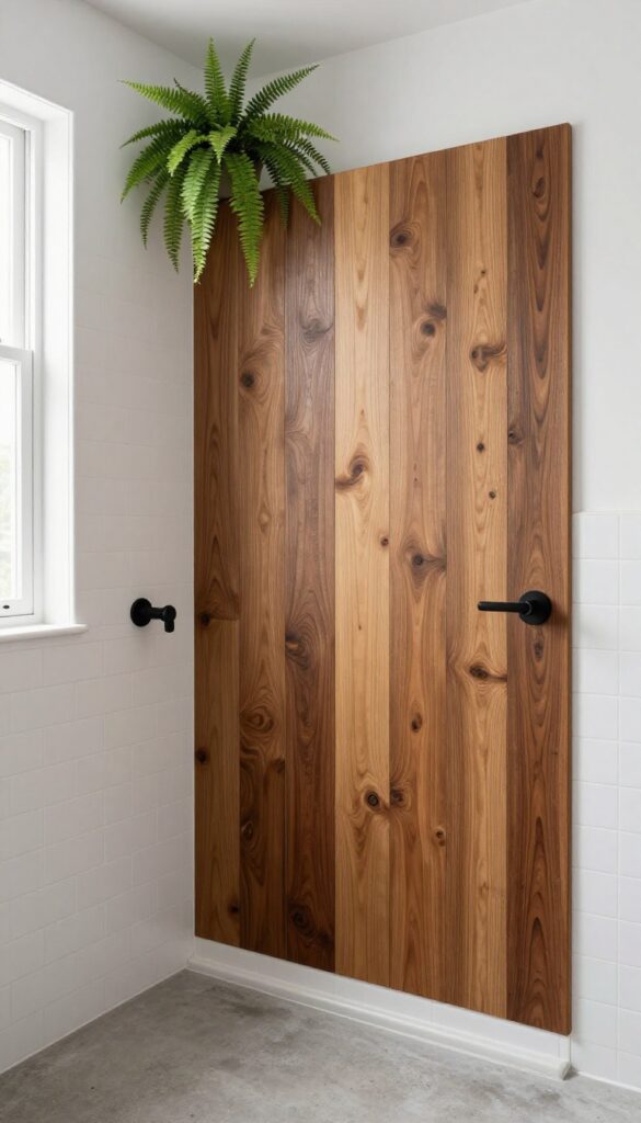 A pony wall shower wrapped in reclaimed wood with matte black fixtures and potted plants, showcasing warm wood accents for a cozy bathroom vibe.