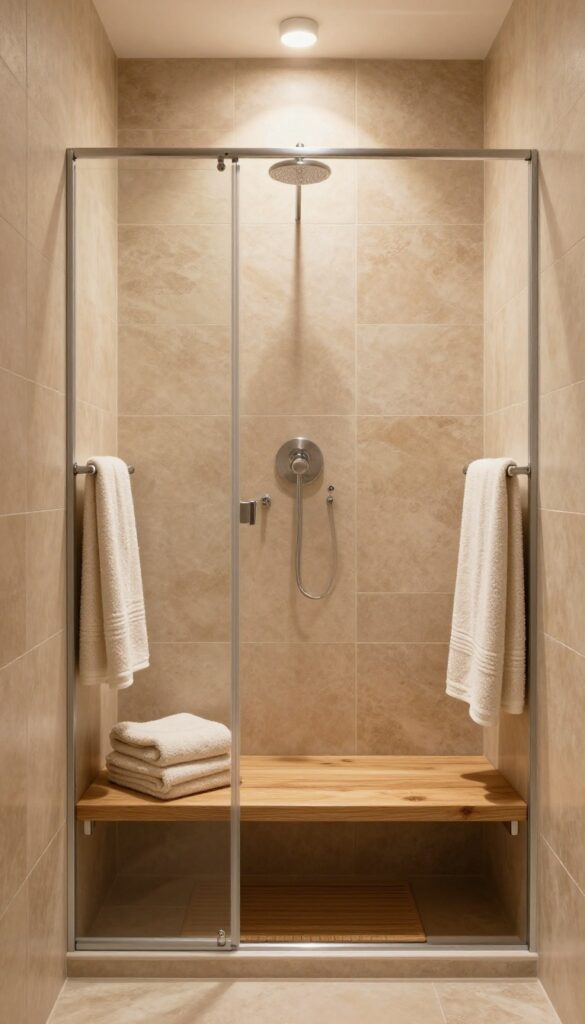 A cozy single shower stall with warm earth tones, wooden accents, and soft lighting for a polished bathroom look.
