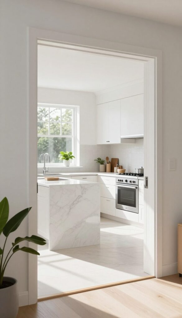 Kitchen photographed through a doorway, showing depth and natural light.