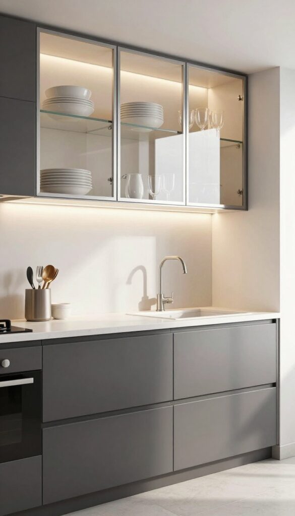 Modern kitchen with charcoal lower cabinets and glass upper doors, neatly stacked dishes visible inside, under-cabinet lighting, bright natural light.