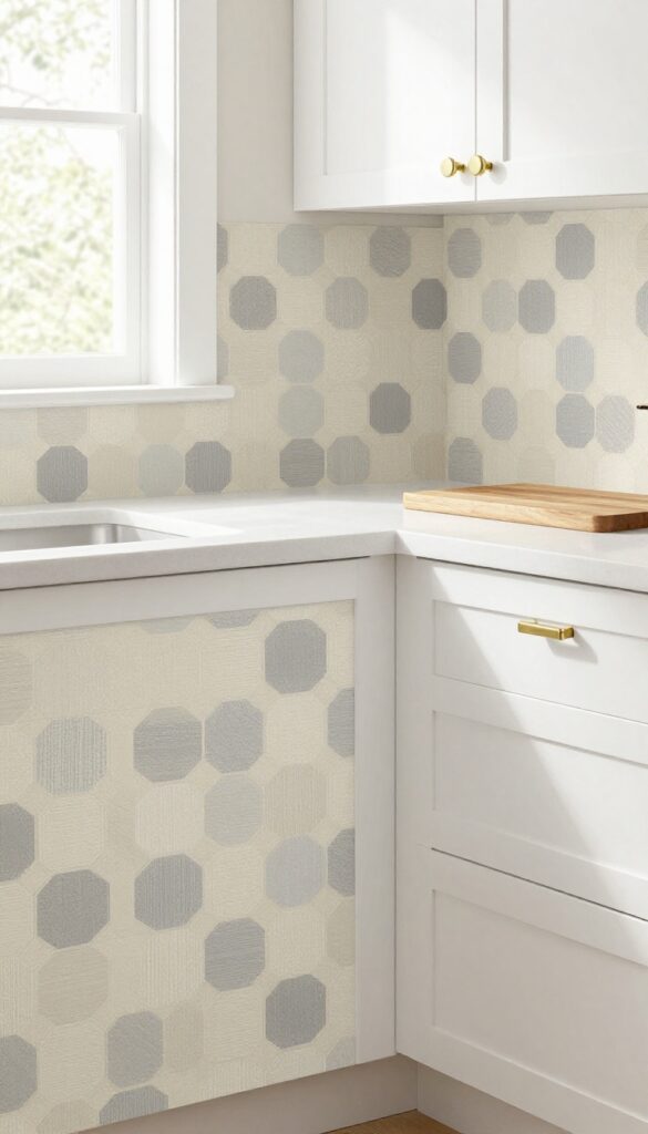 Kitchen with neutral geometric peel-and-stick backsplash, white countertops, brass accents, natural light