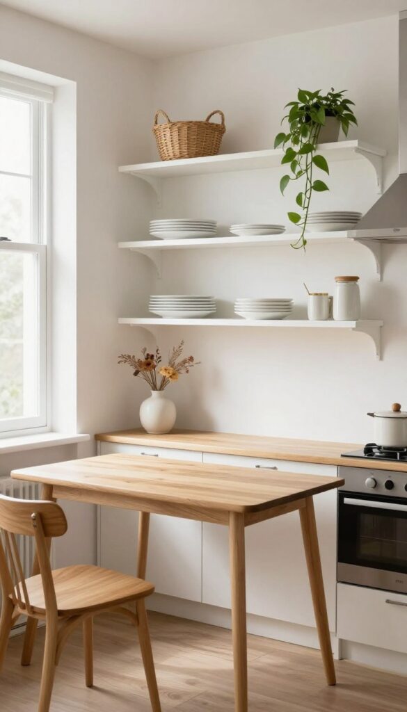 Cozy eat-in kitchen with open shelving above a small dining table, displaying curated white plates, a ceramic vase, and a trailing plant.