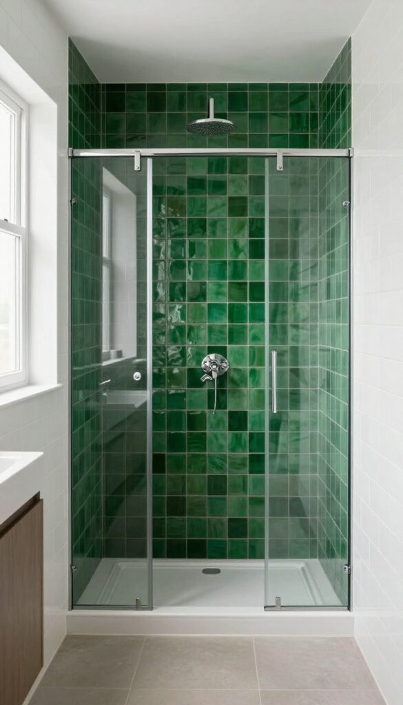 A modern bathroom with a stand-up shower showcasing a bold deep green accent tile wall against simple white tiles, bathed in natural light for an upgraded home decor inspiration.