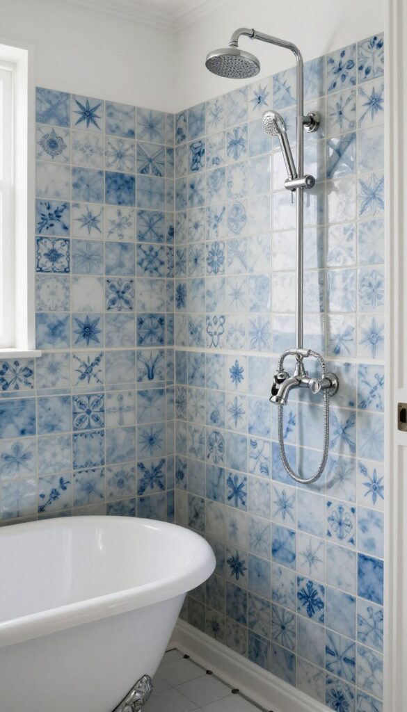 A bathroom featuring vintage-inspired blue and white encaustic tiles with modern chrome fixtures and a clawfoot tub for a blend of old-world charm and contemporary style.