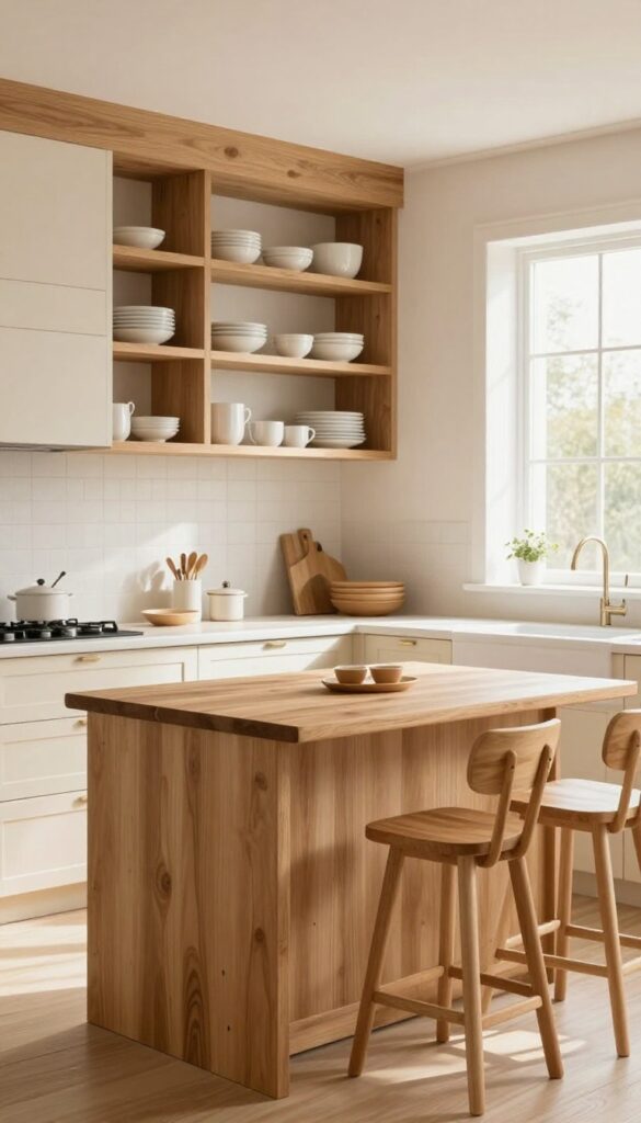 Cream kitchen with warm wood accents including open shelving, butcher block island, and wooden bar stools.