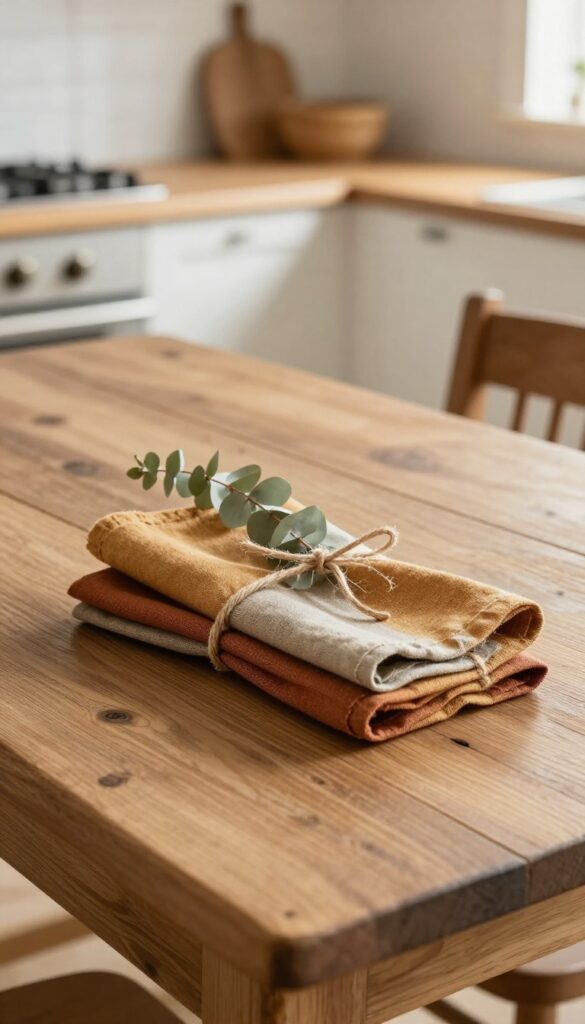 A stack of linen napkins in earthy colors on a wooden board with twine and eucalyptus on a farmhouse table