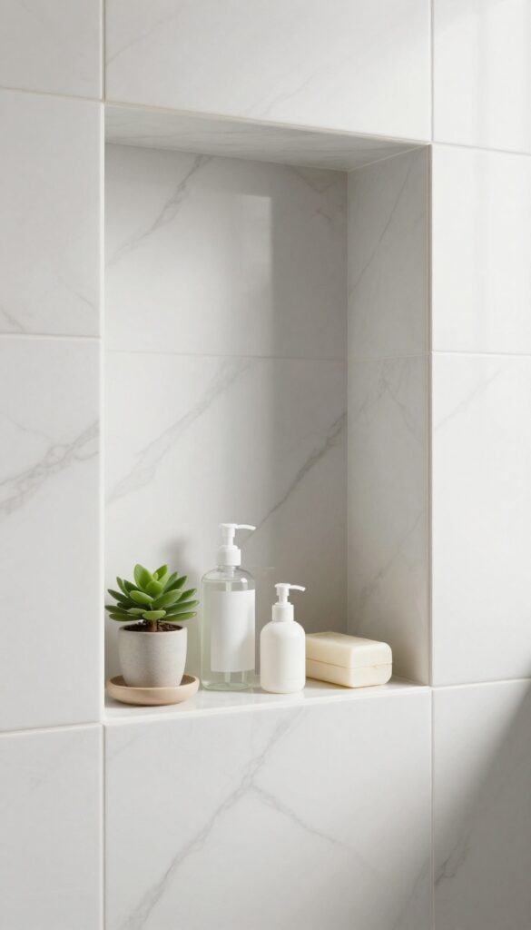 A marble-inspired shower niche with organized products in a bright, elegant bathroom setting