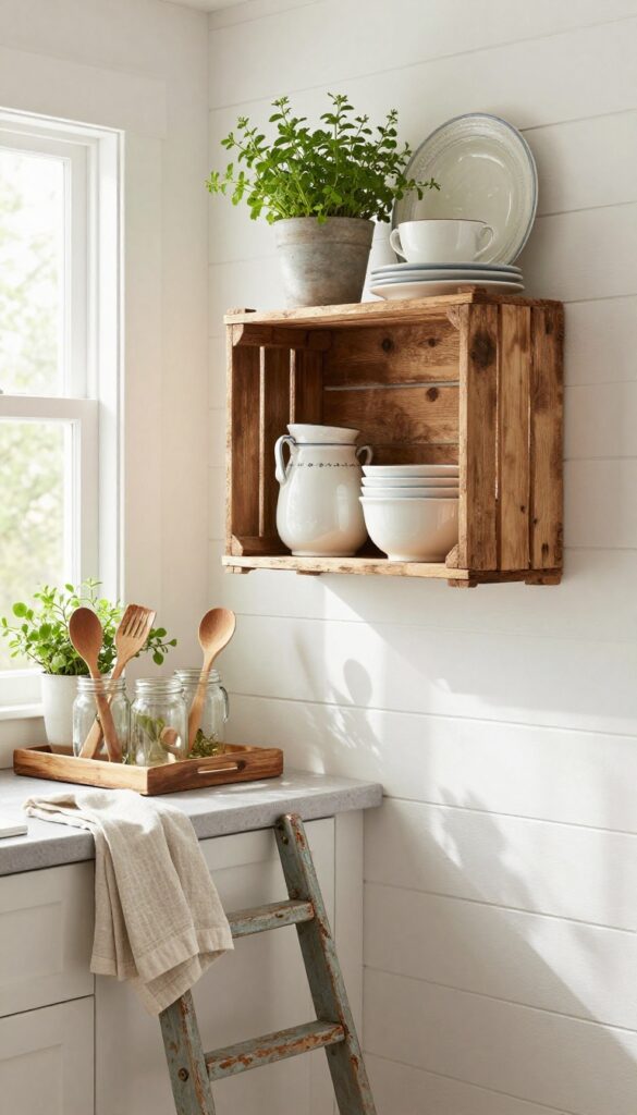 Repurposed wooden crate shelves and antique ladder with dish towels in a bright rustic kitchen