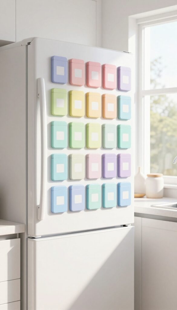 A refrigerator door decorated with colorful magnetic spice tins arranged in a rainbow gradient pattern, in a bright modern kitchen.
