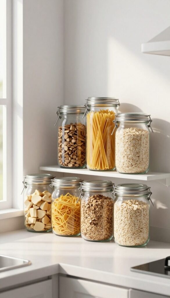 Clear glass containers neatly organized on a pantry shelf in a small kitchen