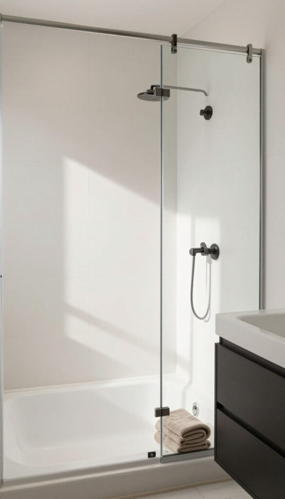 A bathroom with textured tiles in the shower and tub area, showcasing tactile appeal with neutral colors and natural lighting for a modern yet warm vibe.