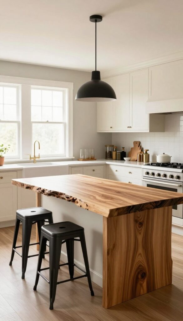 Live-edge butcher block kitchen island with organic wood grain in a bright, airy kitchen