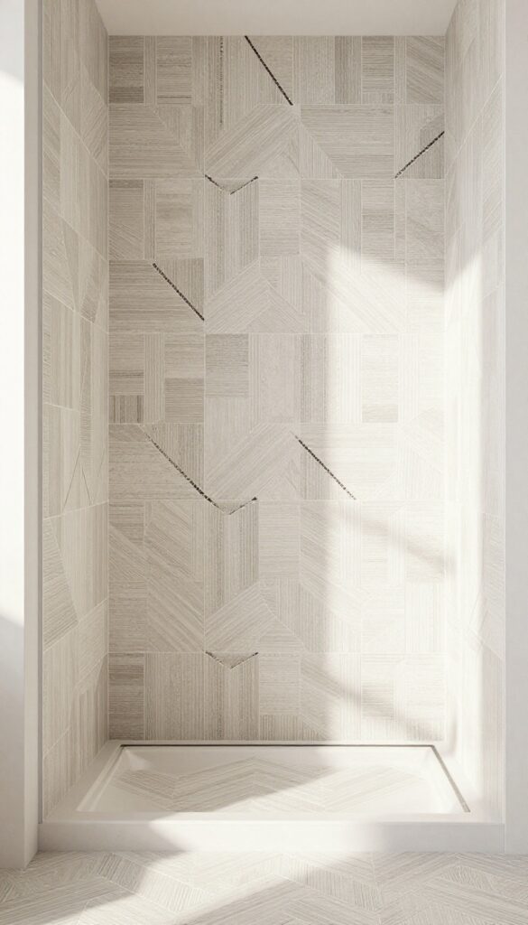 A tiled shower with a tub featuring contrasting grout to enhance tile patterns and add definition in a bright, clean bathroom setting.