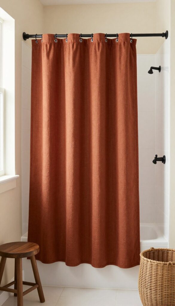 A warm terracotta or rust-colored shower curtain in a bright bathroom with white tiles and natural light.
