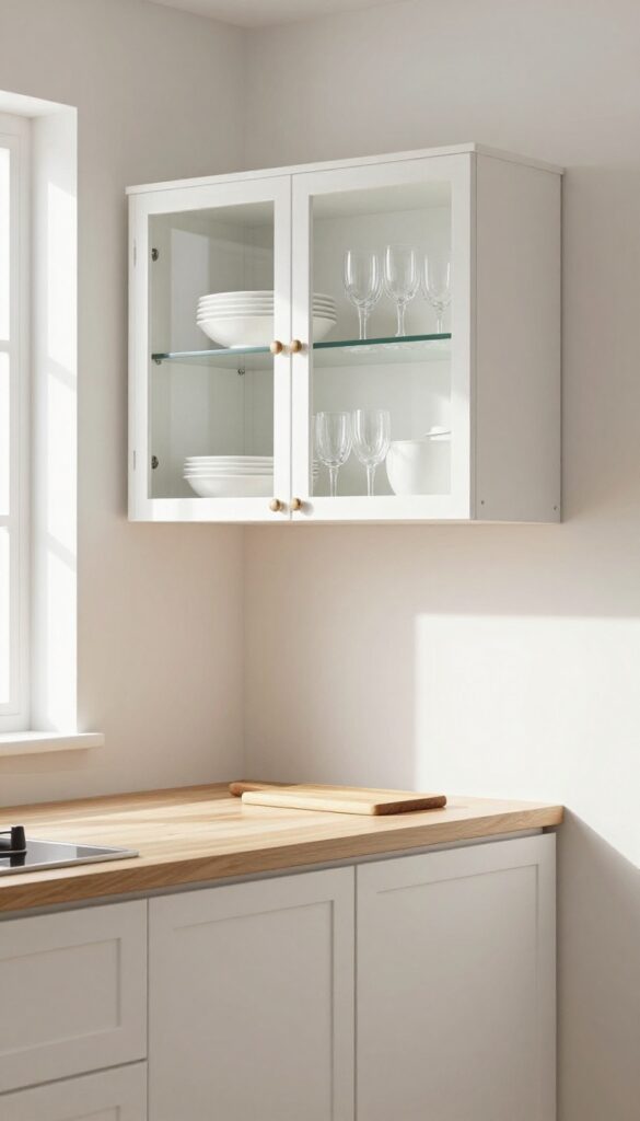 Floating hutch with glass doors in a small kitchen