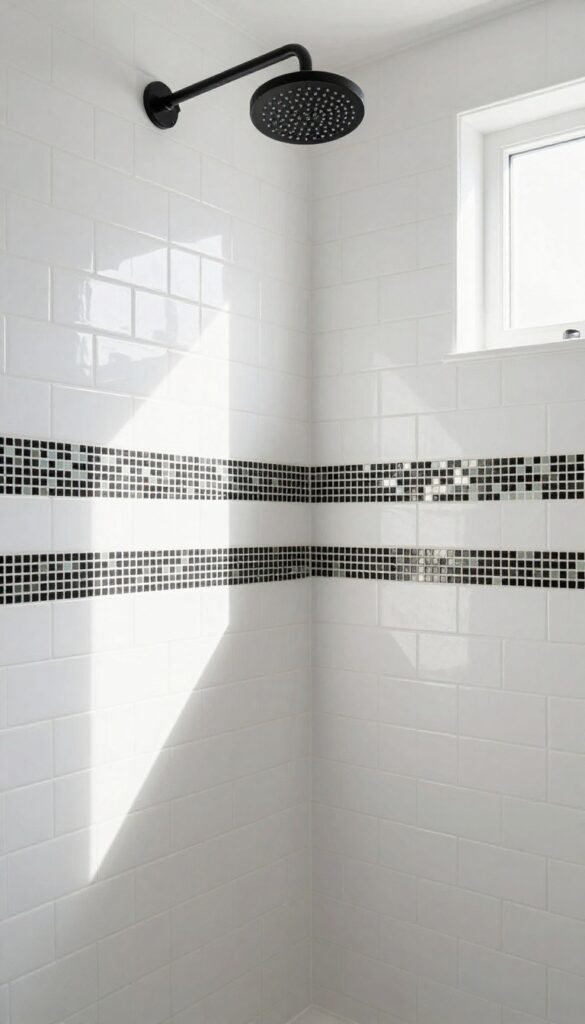 White shower with black and white mosaic band at eye level