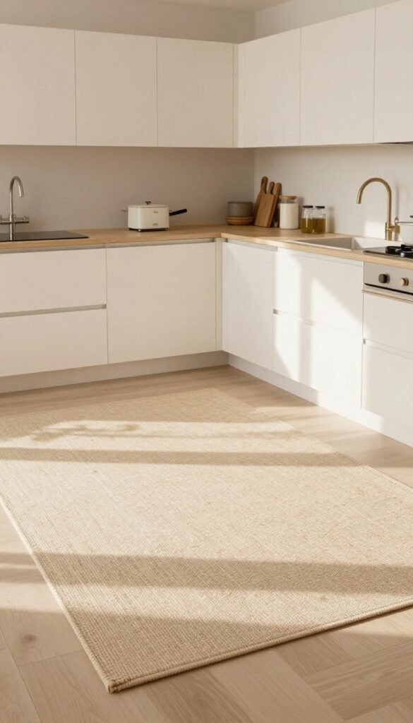 Layered rugs in a cream kitchen adding warmth and texture