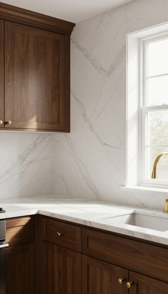 Warm white marble herringbone backsplash with brown cabinets in a bright kitchen