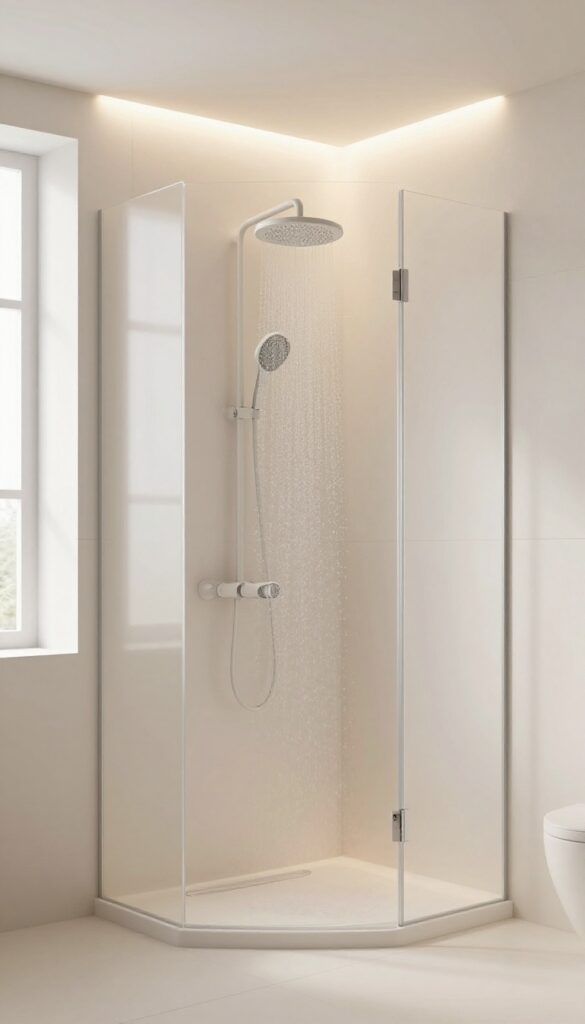 A modern bathroom shower with frosted panel lit by soft LED lighting for ambient mood enhancement.