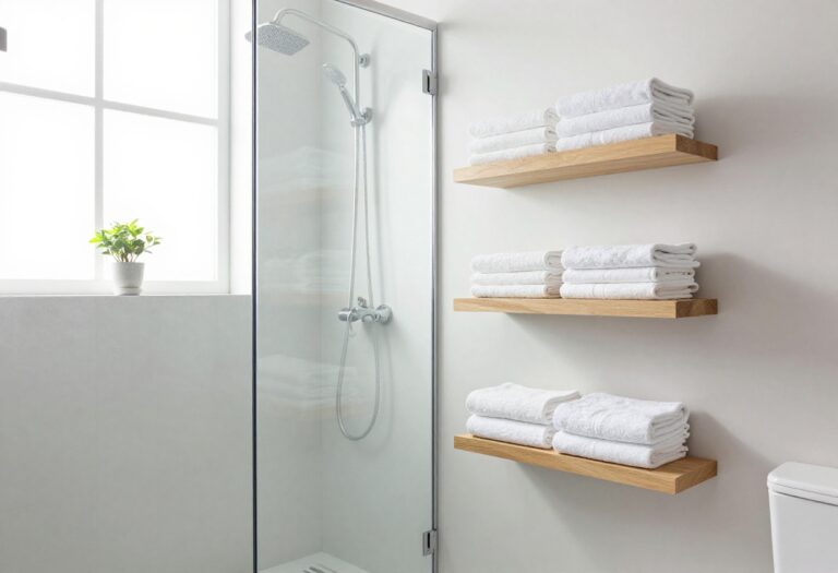 A clean, modern bathroom with a glass shower, floating shelves, and a wall-mounted toilet, styled for a clutter-free and inviting look.