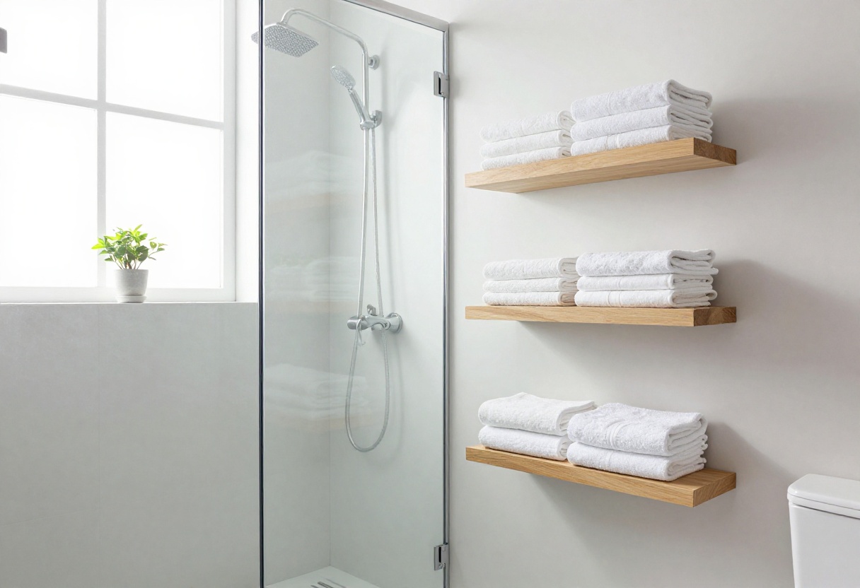 A clean, modern bathroom with a glass shower, floating shelves, and a wall-mounted toilet, styled for a clutter-free and inviting look.