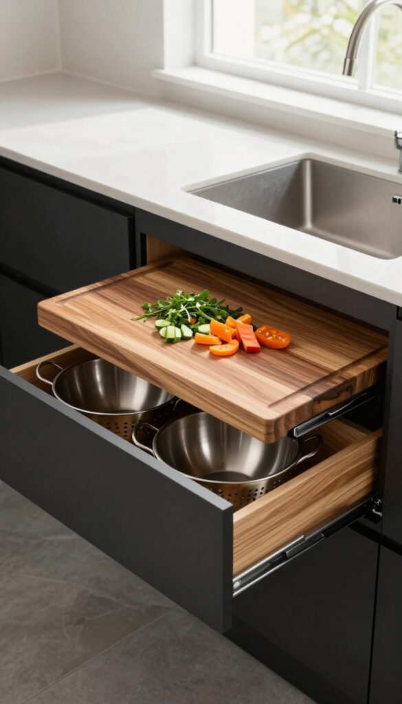 Modern Indian kitchen with a built-in slide-out cutting board above a drawer, holding chopped vegetables and herbs.