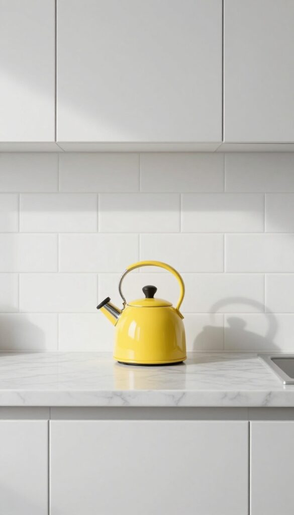 Minimalist kitchen with white subway tile and marble countertop, featuring a single vibrant yellow kettle as a statement piece, bathed in natural light.