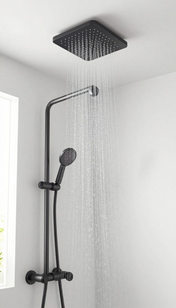 Ceiling-mounted rainfall showerhead in a modern walk-in shower with natural light and minimalist design.