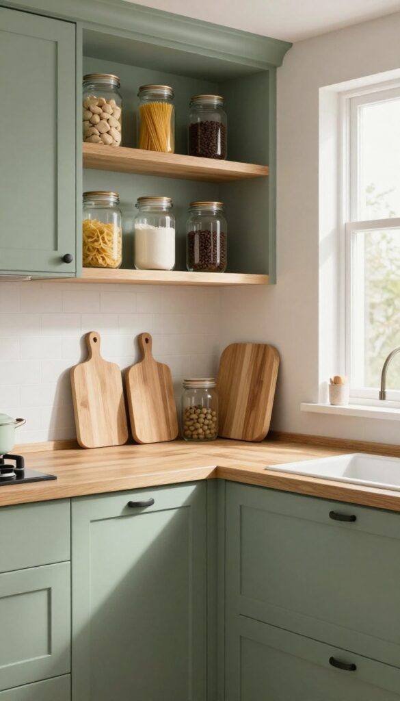 Soft sage green kitchen with warm wood countertops and open shelving