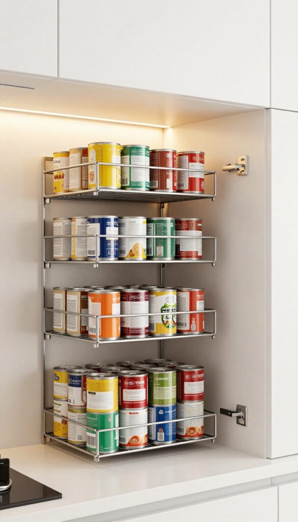 Stackable can racks in a kitchen cabinet with neatly arranged canned goods under warm lighting.