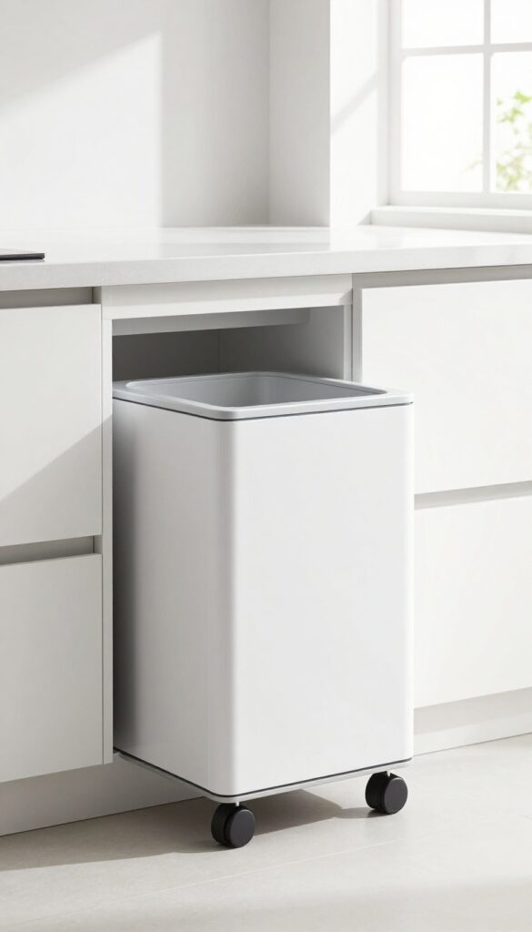 Slim slide-out trash can between refrigerator and cabinet in a bright, modern kitchen