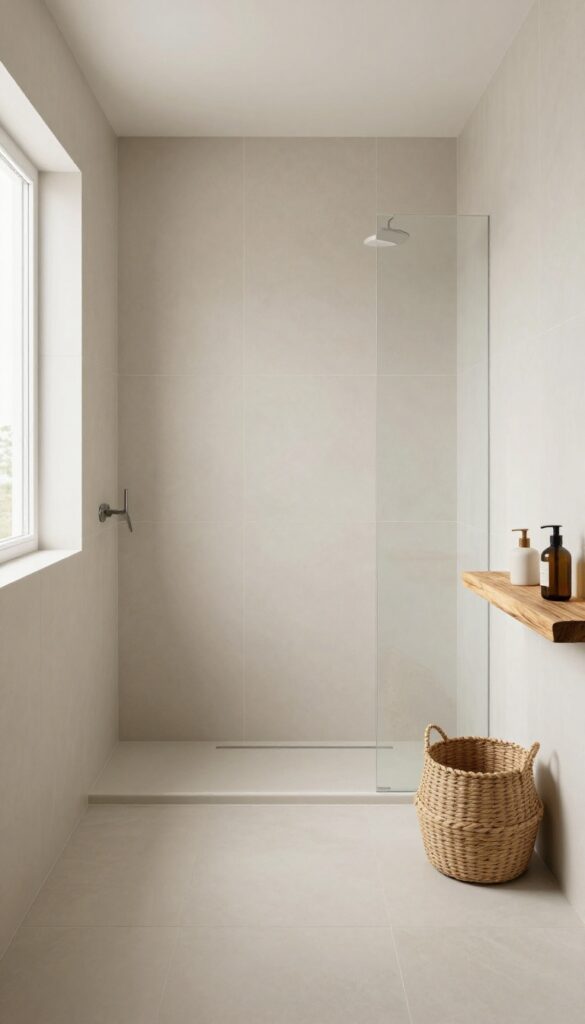 Coastal shower with large-format neutral tiles for a seamless look, bright natural light, clean design with wood accents.