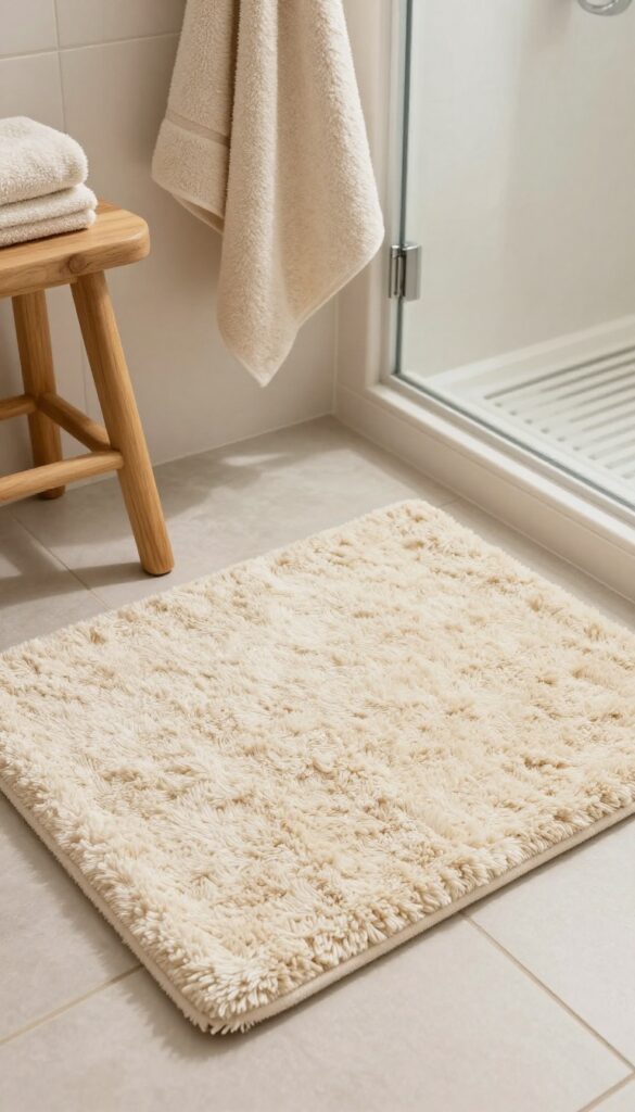 A plush chenille shower mat in a bright bathroom with neutral towels and wooden accents, showcasing cozy softness and luxury for home decor inspiration.