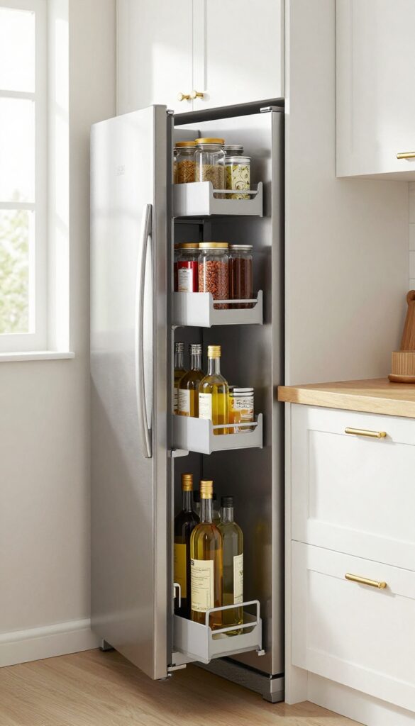 Slim pull-out pantry installed in narrow gap between fridge and wall in modern kitchen