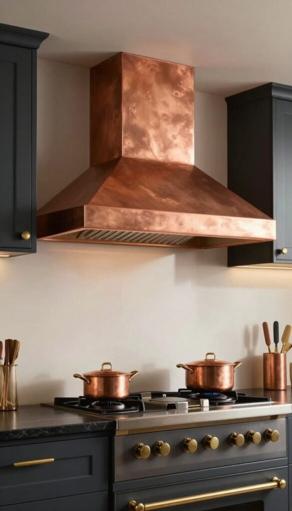 Custom copper range hood with patina in dark navy kitchen